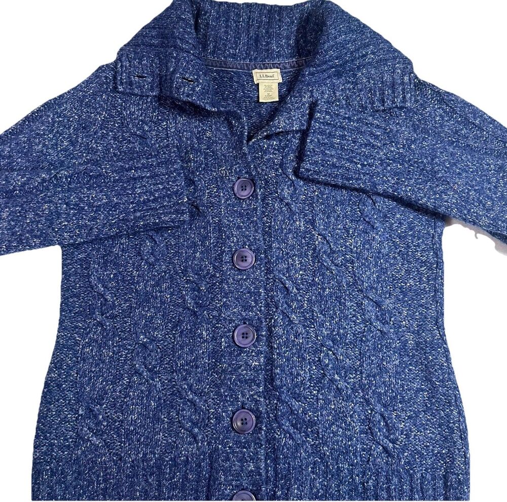 LL Bean Sweater Women M Blue Heather Wool Blend Cardigan Cable Knit High Neck